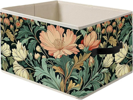 Vintage Art Nouveau Floral Storage Bin Box with Handles, William Morris Inspired Dark Cottagecore Botanical Flower Foldable Organizer Basket Toybox for Home Bedroom Bathroom Clothes Toys Books