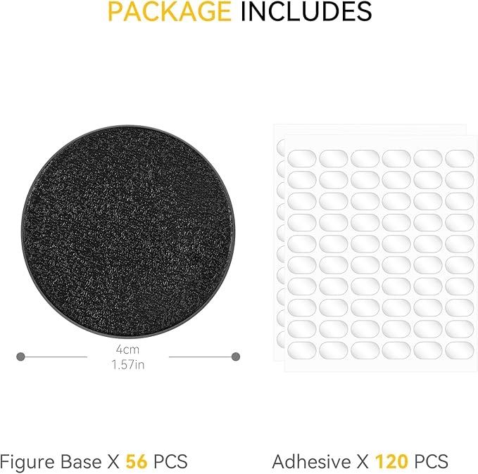 56PCS Figure Stand Base with 120PCS Adhesive for Fuko Pop, 1.57 Inch Black Round Plastic Bases No Peg, Doll Model Storage Organizer Display Holder Accessories for Action Figures