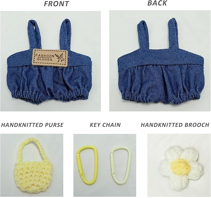 17cm Doll Clothes, Clothes for Cute Dolls Outfit, Stylish Kawaii Clothes & Accessories for 15-17cm Dolls, Outfit+Flower Pin+Mini Crochet Handbag+Keychains (Denim Blue)