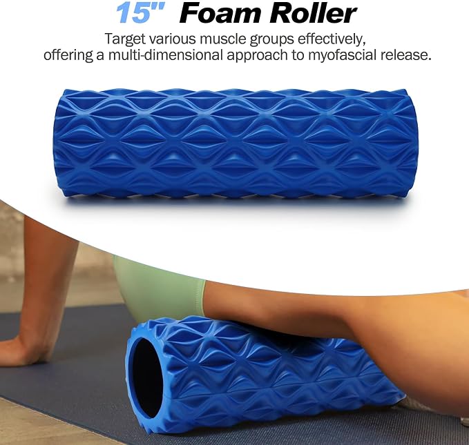 JOYENERGY 5 in 1 Foam Roller Set Trigger Point Foam Roller, Massage Roller Stick, Massage Ball, Stretching Strap for Deep Muscle Massage Pilates Yoga, Fitness Exercise for Whole Body (Blue Diamond)
