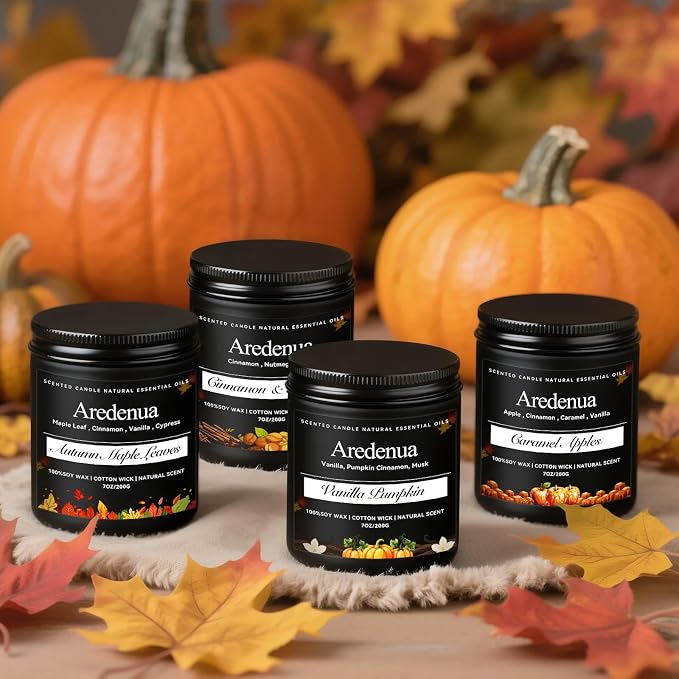 Fall Candles Set – 4 Pack Cozy Autumn Seasonal Candles Gift - Scent of Vanilla Pumpkin, Cinnamon & Nutmeg, Caramel Apples & Autumn Leaves, 28oz Soy Candles for Christmas Cozy Winter Gifting