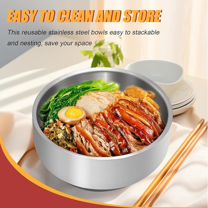 Stainless Steel Rice Bowl with Lid, Set of 2, for Korean Kitchen Restaurant, Double-walled Metal Bowls, Multi-Purpose Insulated Soup Bowls Snacks Bowls (13cm Silver)