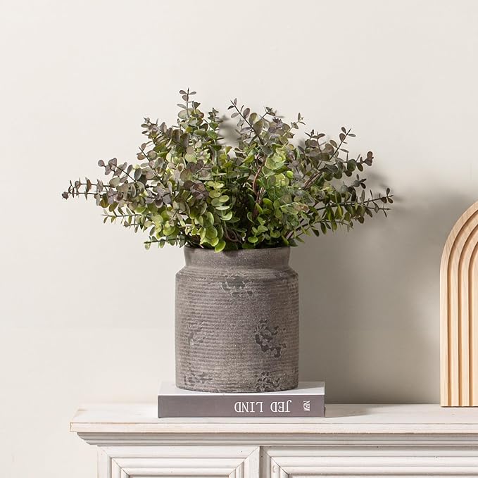Ceramic Flower Vase 7.5 inch Farmhouse Rustic Vase for Home Decor Handcrafted Pottery Terracotta Vases for Dining Table Decor Fireplace Living Room Bathroom Wedding Centerpiece (M-Dark Gray)