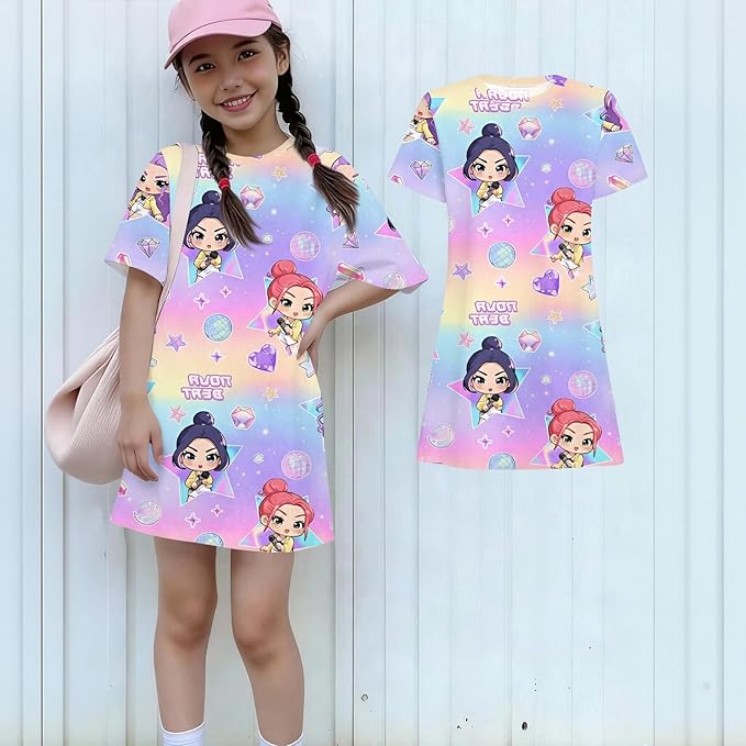 Girl's Anime K-POP Graphic Long Dress T-Shirt - Casual Loose Fit Short Sleeve Top