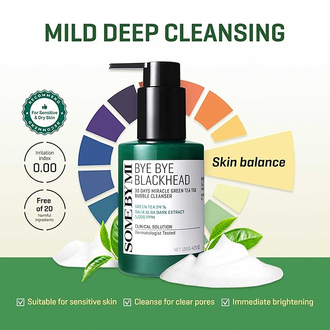 SOME BY MI Bye Bye Blackhead 30 Days Miracle Green Tea Tox Bubble Cleanser – 4.23oz, 120g – Korean Face Wash & Bubble Face Mask – Daily Blackhead-Removing Pore Minimizer for Face – Korean Skin Care