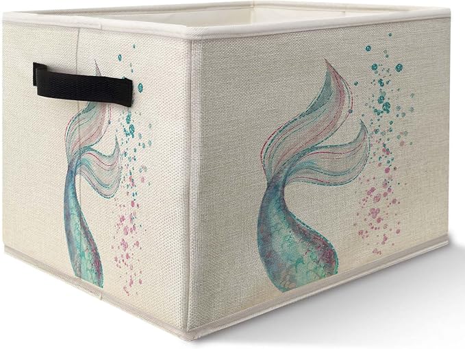 Ocean Mermaid Storage Bins Basket, Toybox for Girls Room, Glitter Mermaid Tail Collapsible Fabric Storage Box Organizer for Bedroom Bathroom Clothes Books Toys