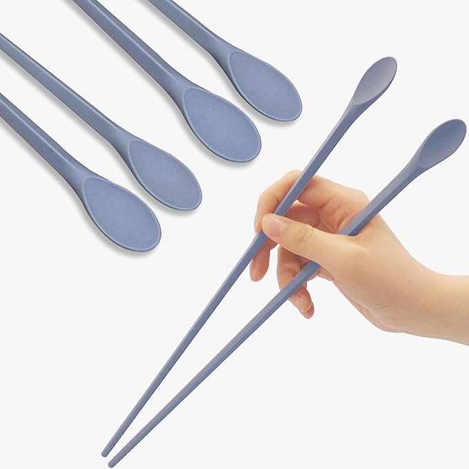 Reusable Long Silicone Cooking Chopsticks with Spoon 12 Inches 2 Pairs Set, Dishwasher Safe, BPA-free Non-Slip, Korean Japanese Kitchen Utensils (Pastel Blue 2 Set)