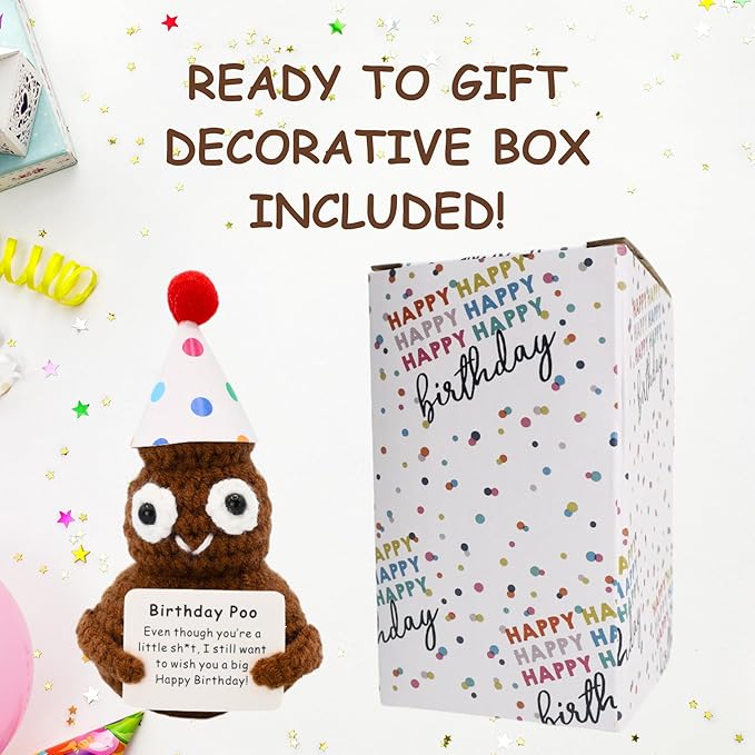 Birthday Poo with Stand. Emotional Support Crochet Gift. Happy Birthday Gifts for Women, for Her. Present for Mom. Funny Gag Gift for Friends.