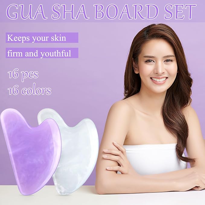 Sherr 16 Pcs Gua Sha Facial Tools Gua Sha Stone Facial Massage Tools Face Massager for Body Spa Acupuncture Relieve Muscle Tensions Puffiness (Fresh Style)