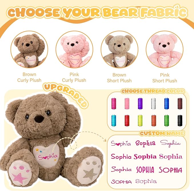 Custom Teddy Bear Stuffed Animal with Embroidered Name, Personalized Stuffed Bear for Baby, Bears Plush Toddler Adult Toys Gifts for 1+ Year Old Girls Boys Birthday Christmas for Her