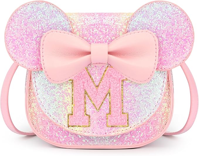 mibasies Toddler Purse Girl Gifts: Girls Birthday Gifts for 3-8 - Toys for Ages 2-4 Girls Mouse Ears Purse, Glitter Rainbow, Letter M