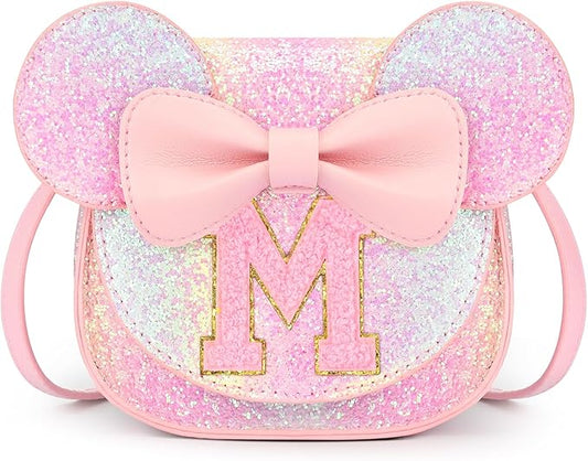 mibasies Toddler Purse Girl Gifts: Girls Birthday Gifts for 3-8 - Toys for Ages 2-4 Girls Mouse Ears Purse, Glitter Rainbow, Letter M