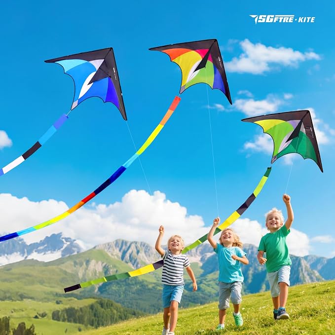 3-Piece Set Delta Kite for Easy to Fly Large Kite for Kids and Adults - Perfect Family Outdoor Toy, Beach Fun for Family Activities (Petal Blue+Green+Yellow, 3)