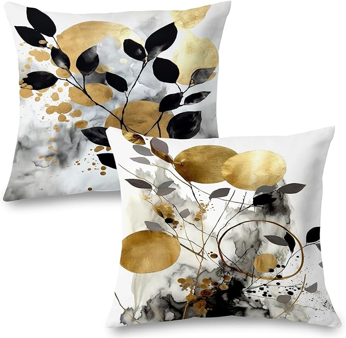 Black and Gold Botanical Pillow Covers 24x24 Set of 2, Abstract Modern Decorative Throw Pillow Covers for Living Room Bedroom, Modern Home Decor, Black and Gold Bedroom Living Room Decor