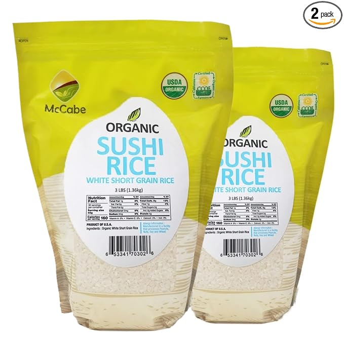 McCabe Organic Short Grain White Sushi Rice - Sticky White Rice | Rich in Fibers and Minerals | USDA and CCOF Certified Organic | Product of USA | 3Lbs Pack of 2