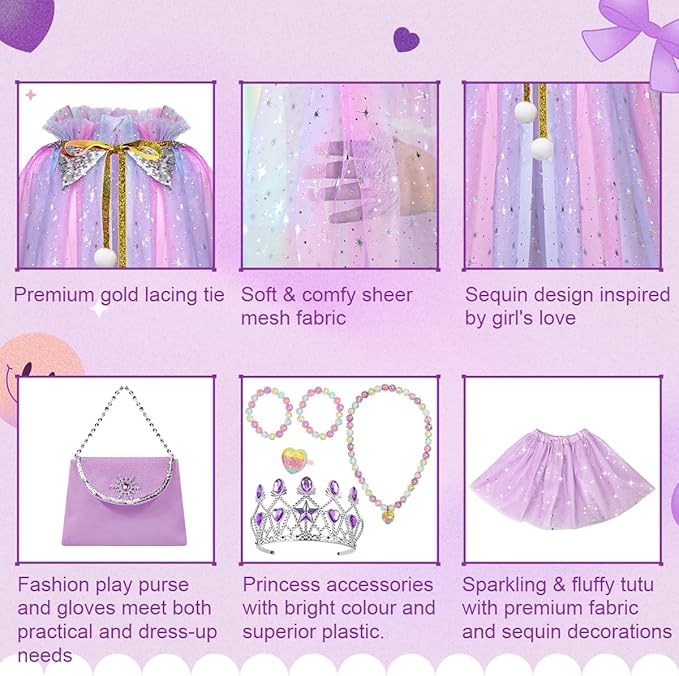 Meland Princess Dress up Clothes for Girl, 11Pcs Princess Cape with Kid Crown Toys,Dresses for Girl 3,4,5,6,7,8 Birthday Gift
