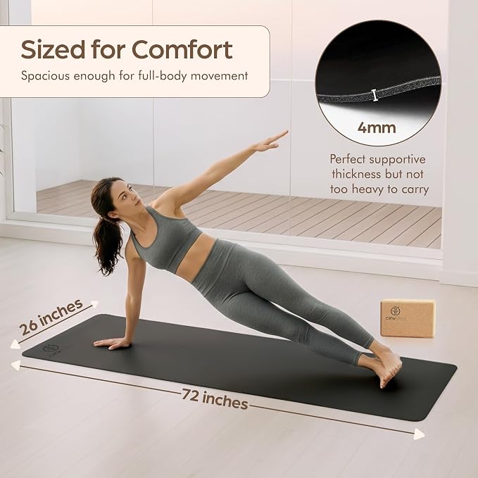 ORW Non Slip Hot Yoga Mat with Carrying Strap - Grip Surface & Natural Rubber Base, REACH Tested, Home & Studio Practice