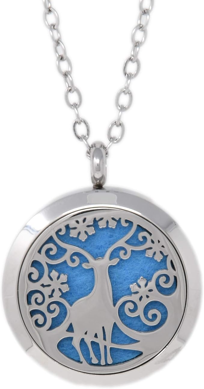 Aromatherapy Essential Oil Diffuser Stainless Steel Silver Magnetic Locket Pendant 2 Sizes Chain Necklace, Refill Pads & Diffuser Bracelet in a Velvet Bag (Standing Winter Deer)