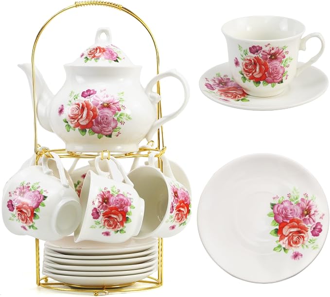 20-Pieces Tea Set For Adult with Golden Metal Rack,Porcelain Tea Sets For Women,Tea Gift Sets for Home&Party(015) (K019)