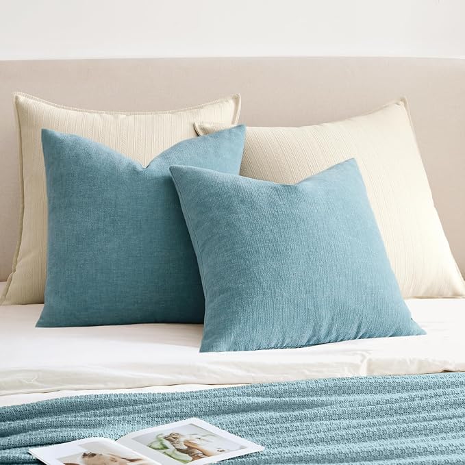 MIULEE Smoke Blue Chenille Couch Euro Throw Pillow Covers, 22x22 | Set of 2, Soft Coastal Home Decor, Modern Farmhouse Decorative Pillowcases for Sofa Living Room Bed