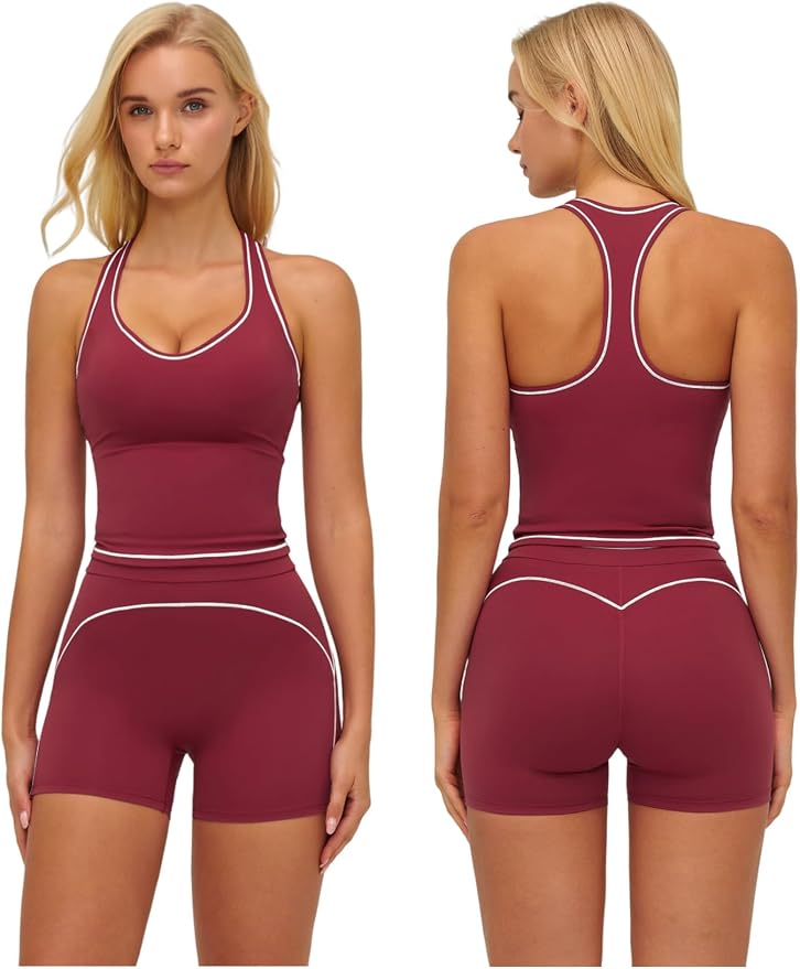QBGJTD Two Piece Workout Sets for Women Color Block Racerback Tank Tops and High Waist Shorts Gym Yoga Outfits
