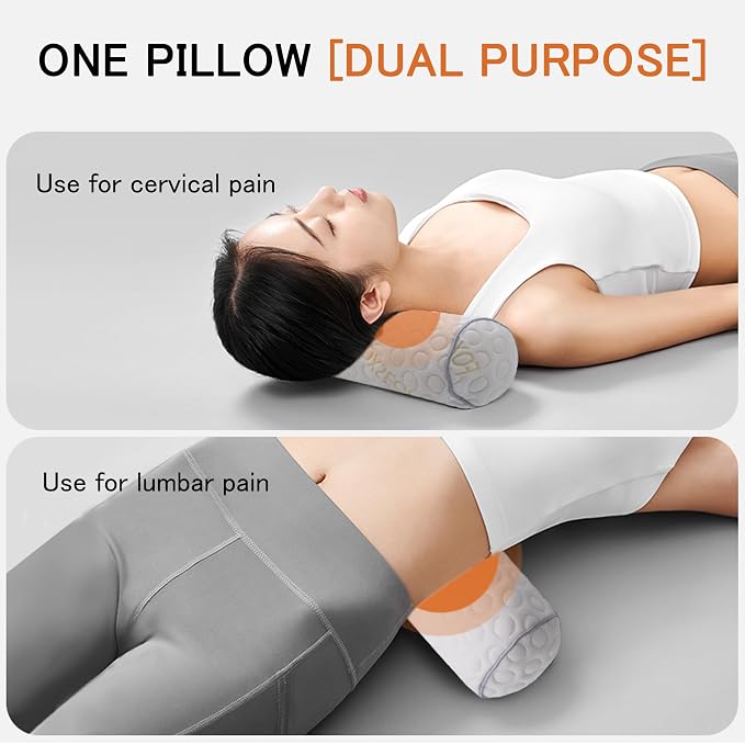 Cylindrical Pillow、 Fillable Porous Fiber Contour Neck Pillow、 (Pack of 2, White Jacquard) 18 x 4 inches、Bolster Pillow for Bed、Legs, Back and Yoga (18x4)