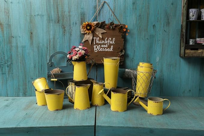 French Style Shabby Chic Vase Metal Flower Vase Vintage Jug Rustic Farmhouse Decor for Home, Yellow