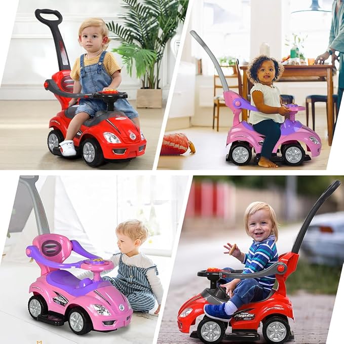 ChromeWheels Push Cars for Toddlers, 3 in 1 Ride on Push Car with Removable Canopy, Ride on Toys Mega Car w/Handle & Horn & Music, Pink