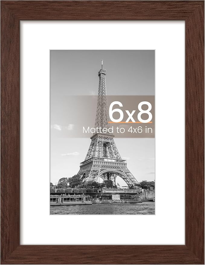 upsimples 6x8 Picture Frame, Display Pictures 3.5x5.5 with Mat or 6x8 Without Mat, Wall Hanging Photo Frame, Brown, 1 Pack