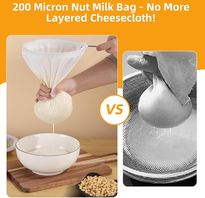 5 Pcs Premium Ultra Fine Mesh Strainer Bags with Stainless Steel Handle, Reusable Nut Milk Bags, Cheese Cloths for Straining Juice, NutMilk, Coffee, Thai Tea, Yogurt and Soup (Medium)