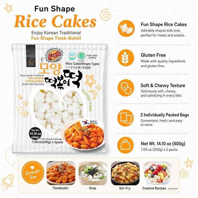 Unha's Fun Shaped Tteokbokki Rice Cakes, 28.20 oz, 4 Pouches | 28.20 oz fun shaped chewy tteok for tteokbokki