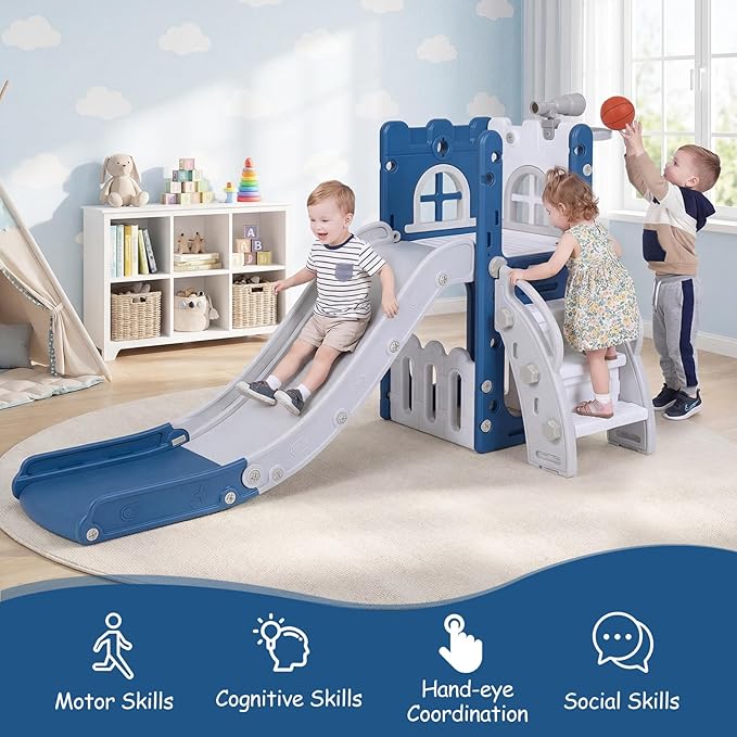 BABY JOY Toddler Slide, 6-in-1 Indoor Kids Slide Playset with Basketball Hoop, Telescope, Climbing Ladder & Storage Space, Freestanding Playhouse & Climber for Kids Aged 1-3 (Deep Blue)