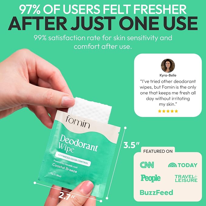 FOMIN Acidified Travel Deodorant Wipes For Women & Men - 50 Count - Coastal Breeze - pH Balanced, Mini Deodorant Travel Size Wipes - Plastic-Free, Individually Wrapped Underarm Body Wipe