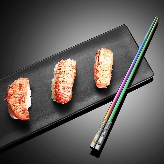 Metal Chopsticks Reusable 18/8 Stainless Steel Chopsticks Laser Engraved Premium Titanium Chop Sticks Dishwasher Safe Lightweight Japanese Korean Chopsticks 5 Pairs Gift Set (Rainbow)