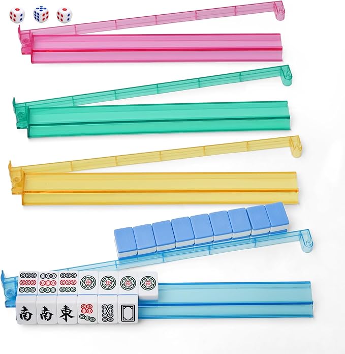 Mahjong Racks with Pushers, All-in-One Mahjong Tile Pushers and Racks with 3 Dices, Modern American Tile Set of 4 (4 Colors)