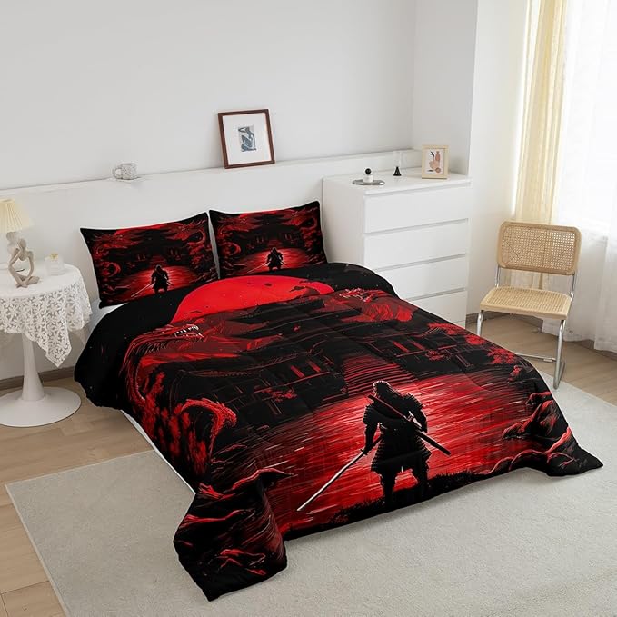 Feelyou Dragon Comforter Set King Size Japanese Style Comforter for Boys Girls Teens Samurai Bedding Set Sunset Duvet Set Room Decor Scarlet Red Quilt Set