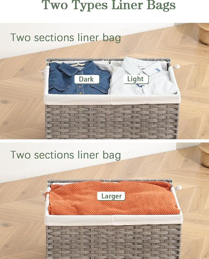 SETVSON Storage Basket with Lid PE Rattan 27.8 Gal Wicker Chest, Gray | 105L Woven Wicker Baskets with 2 Separate Lids, 2 Removable, washable linings, Sturdy Iron Frame, 25.2 x 15.4 x 16.1 Inches