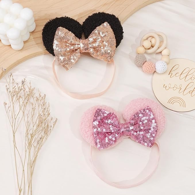 3PCS Baby Girl Mouse Ears Thin Headbands with Sequin Bow, Soft Nylon Hairband, Theme Park Headwear, Hair Bow Headband for Toddler, Kids, Party Supplies