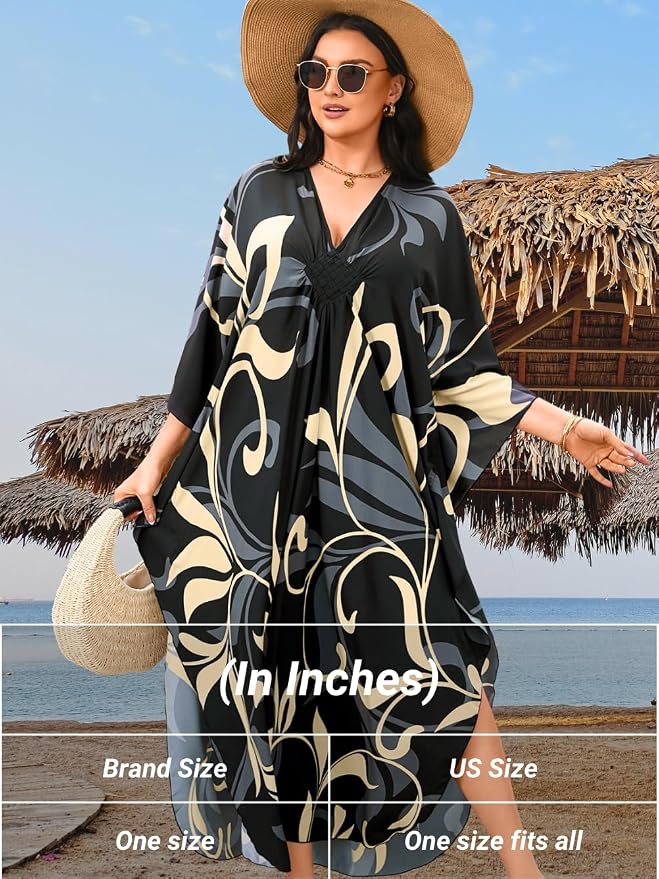 ChiaoLezhee Print Moo-Moos for Women, Kaftan Cover-Up Dresses, Sexy V-Neck High-Slit, Beach Pool-Party Coverups Muumuu Plus