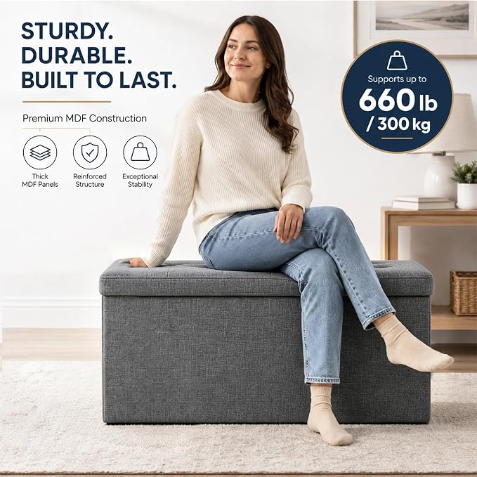 ALASDO 30 Inch Folding Storage Ottoman Bench with Hidden Storage, PU Leather Ottoman Foot Rest Stool, End of Bed Bench for Bedroom, Living Room, Entryway and Closet, Grey