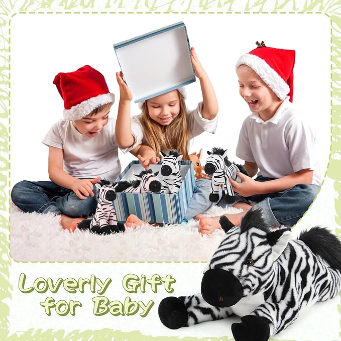 Tezituor 5-in-1 Zebra Stuffed Animals Family Set, 25 inch Realistic Mommy Stuffed Zebra with 4 Cute Babies, Large Black and White Horse Plush Pillow for Boys Girls