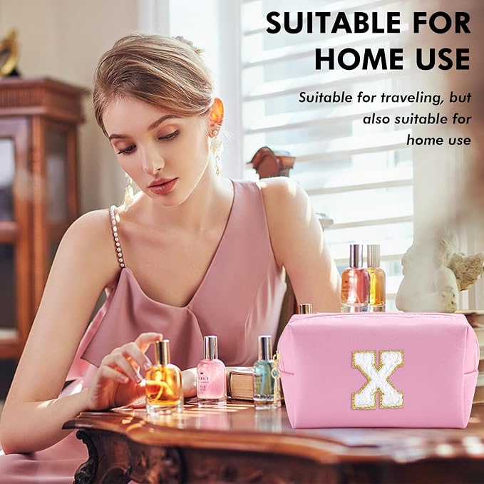 URSKYTOUS Initial Makeup Bag Personalized Preppy Travel Small Cosmetic Bag Cute PU Pink Chenille Letter Makeup Pouch for Purse Waterproof Zippered Toiletry Organizer for Women Girls Kids Friends (X)