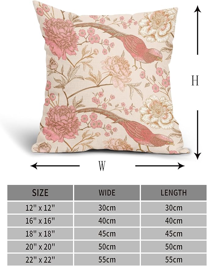 Flowers Birds Pillow Covers 16X16 Inch Set of 2 Pink White Roses Floral Leaf Decorative Pillow Cases Art Retro Gold Cotton Linen Cushion Case Vintage Home Decor for Sofa Couch Porch Outdoor