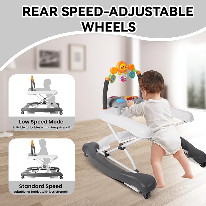 Baby Walker, 5 in 1 Baby Walkers for Boys Girls 6-12 Months, Foldable Walkers for Babies with Bouncer & Feeding Tray, Music, Adjustable Heights, Activity Walker for Infant