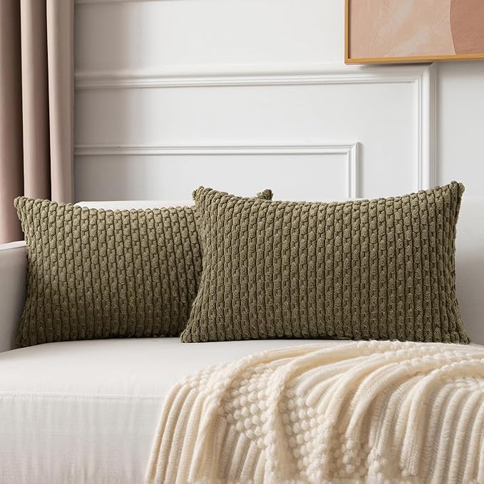 Kevin Textile Soft Corduroy 12"x20" Lumbar Pillow Cover 1 Pack, Olive Green | Boho Stripe Plush Corduroy Decorative Oblong Cushion Cover Modern Farmhouse Home Decor for Sofa Couch Bed Chair