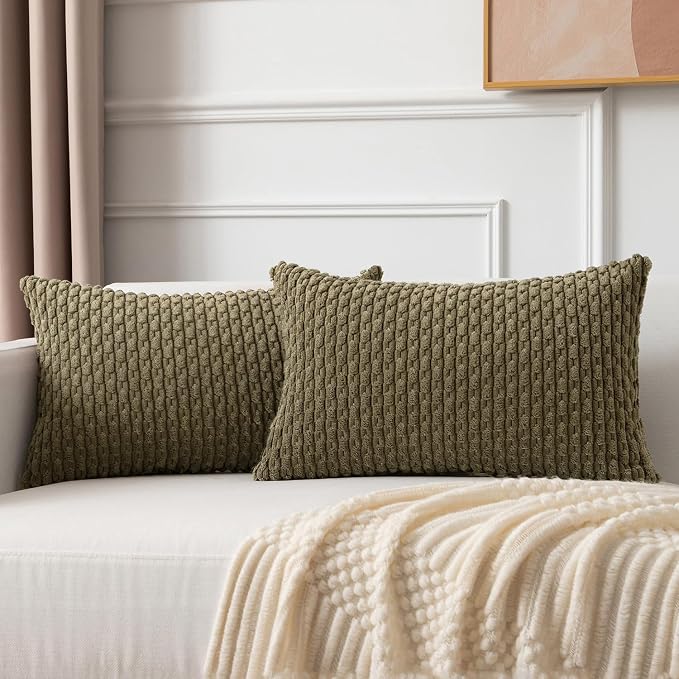 Kevin Textile Soft Corduroy 14"x24" Lumbar Pillow Cover 1 Pack, Olive Green | Boho Stripe Plush Corduroy Decorative Oblong Cushion Cover Modern Farmhouse Home Decor for Sofa Couch Bed Chair