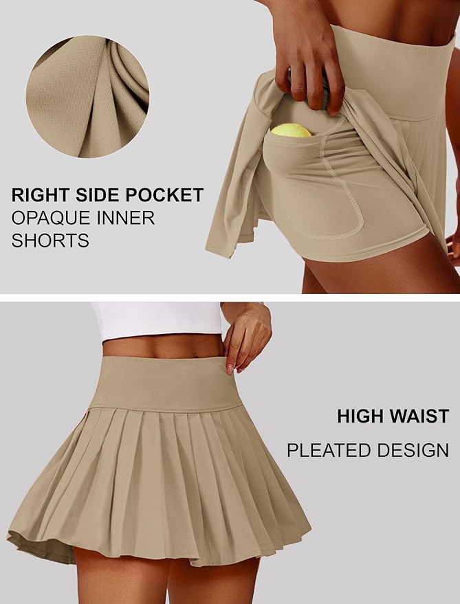 PINSPARK Pleated Tennis Skirts Mini Athletic Golf Skorts with Pocket | 14", High Waist, Lightweight, Quick Dry, Stretchy, Inner Shorts, Sun Protection, Pickleball, Casual, for Women