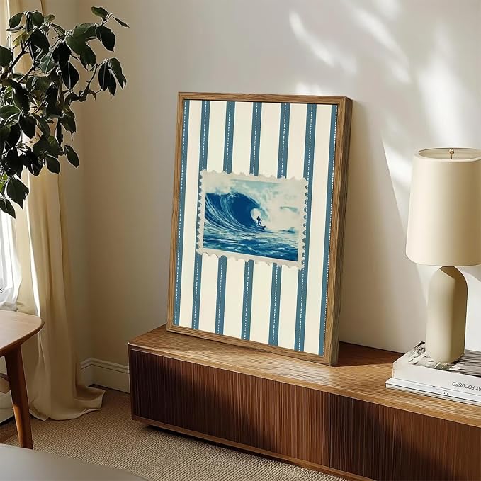 Vintage Surf Stripe Wall Art Trendy Coastal Wall Decor Painting Blue and White Beach Surf Poster Canvas Print for Bedroom Living Room Bathroom 12x16 inch Wood Framed
