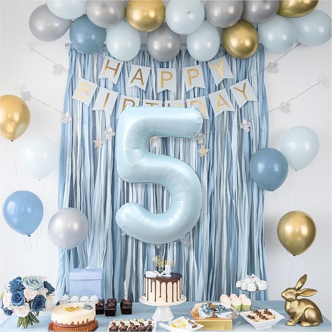 Big Number 5 Balloons, Dusty Light Blue Foil 5 Balloon Numbers 40 Inch, Giant 5th Birthday Party Decor, Matte Baby Blue Mylar Helium Self Inflating Balloon for Boys Birthday Anniversary Decorations