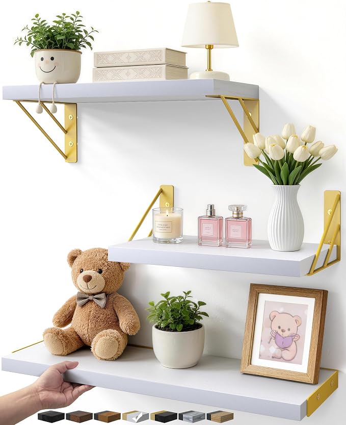 BAYKA Wall Shelves for Bedroom Decor, Floating Wall Shelves for Living Room Kitchen Storage, Wall Mounted Rustic Wood Shelves for Kids Books,Corner Shelves for Bathroom(White and Gold，Set of 3)